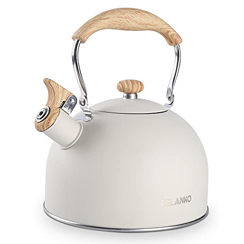 Tea Kettle, BELANKO 85 OZ / 2.5 Liter Whistling Tea Kettle Pots for Stove Top Food Grade Stainless Steel with Wood Pattern Folding Handle, Loud Whistle for Tea, Coffee, Milk - Milk White