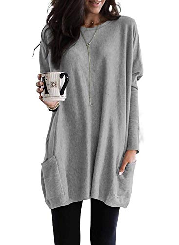 Dokotoo Womens Comfy Casual Long Sleeve T Shirt Tunics Tops Blouse Fashion Oversized Shirts Tunic with Pockets Tops for Leggings Summer Autumn Spring (US 16-18) XL,Gray