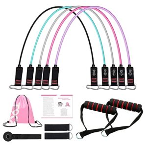 exercise resistance bands set for women, home gym fitness workout bands 11pcs with fitness tubes, foam handles, ankle straps, door anchor, carrying pouch for yoga, physical therapy, up to 100 lbs