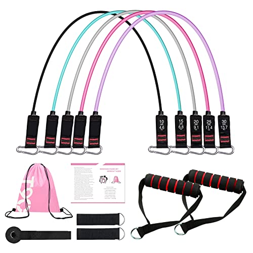 Exercise Resistance Bands Set for Women, Home Gym Fitness Workout Bands 11PCS with Fitness Tubes, Foam Handles, Ankle Straps, Door Anchor, Carrying Pouch for Yoga, Physical Therapy, Up to 100 lbs