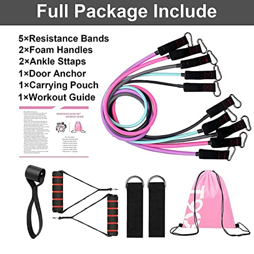 Exercise Resistance Bands Set for Women, Home Gym Fitness Workout Bands 11PCS with Fitness Tubes, Foam Handles, Ankle Straps, Door Anchor, Carrying Pouch for Yoga, Physical Therapy, Up to 100 lbs