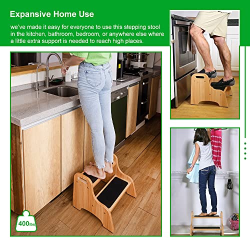 StrongTek Wooden 2 Step Stools for Kids, Toddler with Non-Slip Stepping Surface, Portable Stool with Handles for Bathroom Kitchen and Bedroom, 400 lbs Capacity (Natural)