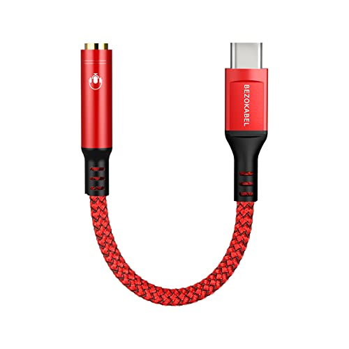 USB C to 3.5mm Female Audio Adapter, Bezokable Type C Headphone Adapter Hi-Res DAC Audio Jack Adapter for iPhone 15, Samsung Galaxy S22 S21 S20 S10 S9 Plus/Ultra, Note 10, iPad Pro, Pixel(red)