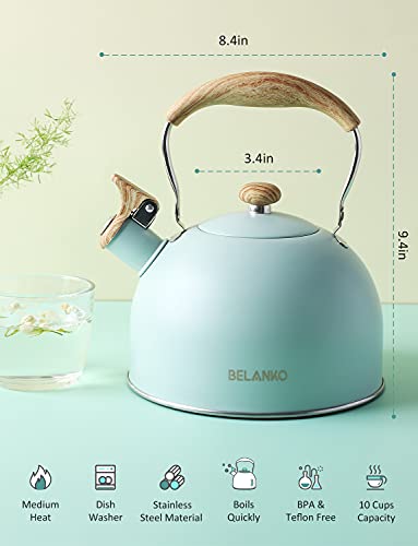 Tea Kettle, BELANKO 85 OZ / 2.5 Liter Whistling Tea Kettle, Tea Pots for Stove Top Food Grade Stainless Steel with Wood Pattern Folding Handle, Loud Whistle Kettle for Tea, Coffee, Milk - Turquoise