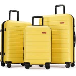 ginzatravel 3-piece abs luggage set with tsa locks, expandable, and friction-resistant in yellow - includes 20", 24" & 28" spinner suitcases