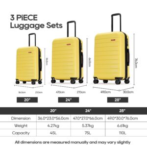 GinzaTravel 3-Piece ABS Luggage Set with TSA Locks, Expandable, and Friction-Resistant in Yellow - Includes 20", 24" & 28" Spinner Suitcases