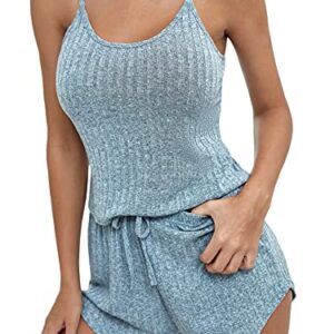 Verdusa Women's 2 Piece Pajama Sets Rib Knit Crop Cami Top and Shorts PJ Set Blue M