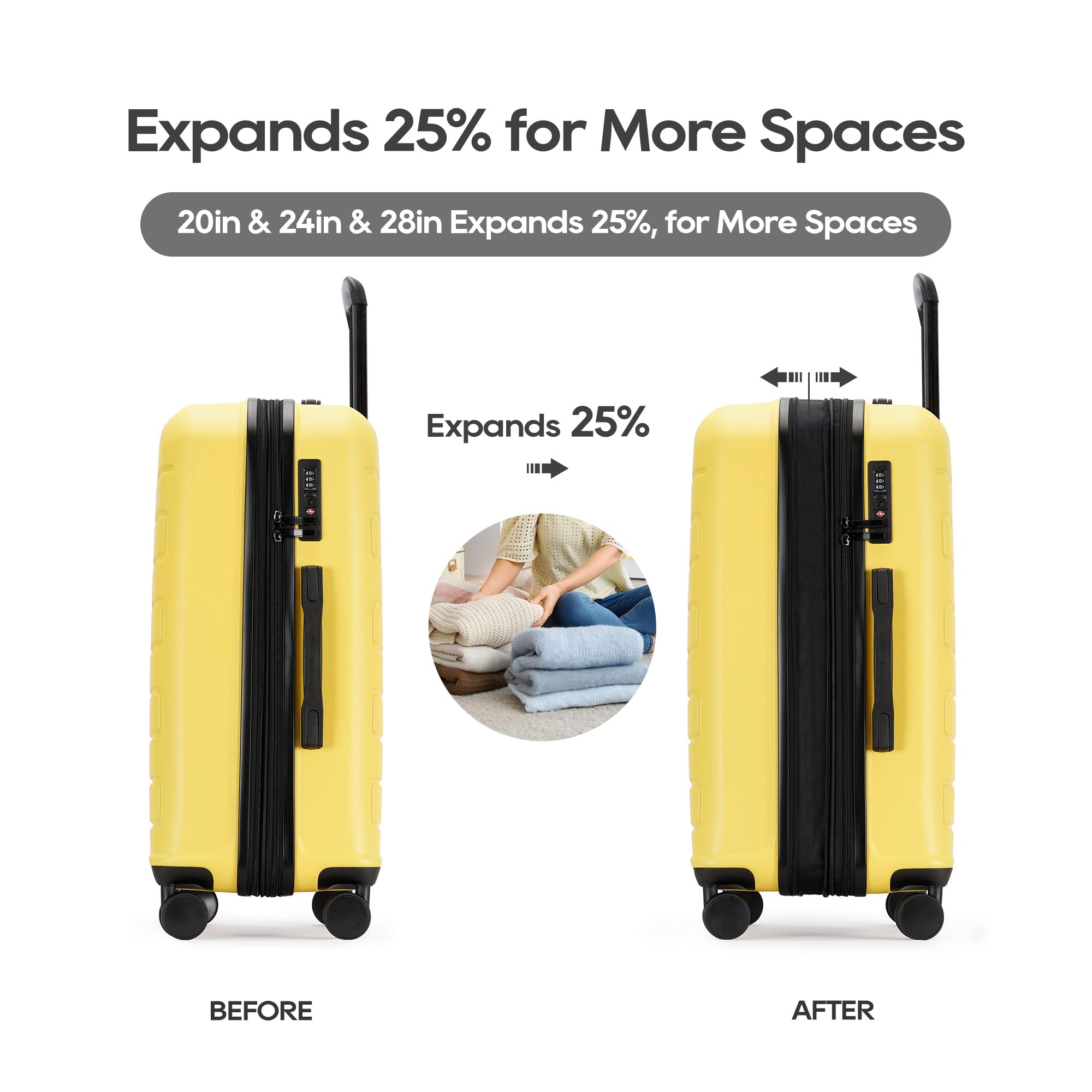 GinzaTravel 3-Piece ABS Luggage Set with TSA Locks, Expandable, and Friction-Resistant in Yellow - Includes 20", 24" & 28" Spinner Suitcases