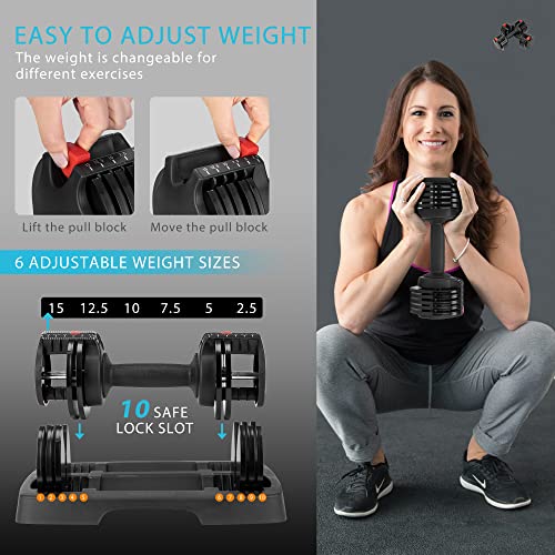 VIVOHOME 2.5 lbs to 15 lbs Adjustable Weights Dumbbells Set of 2 with Anti-Slip Handle and Tray Multiweight Options Workout Equipment for Men Women Home Gym Office