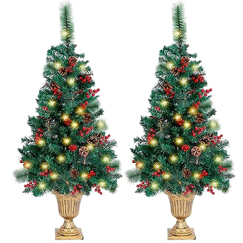 Juegoal 4 FT Christmas Tree, Upgrade Pre-Lit Crestwood Spruce Entrance Tree with 120 LEDs Lights, Pine Cones, Red Berries in Gold Urn Base for Front Door, Porch, Entryway Xmas Home Decorations, 2 Pack