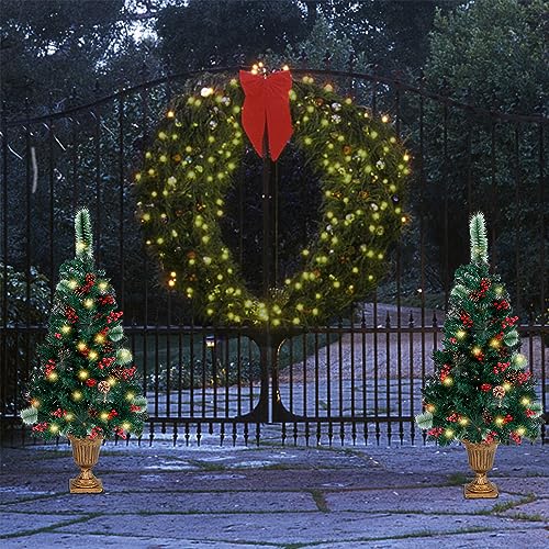 Juegoal 4 FT Christmas Tree, Upgrade Pre-Lit Crestwood Spruce Entrance Tree with 120 LEDs Lights, Pine Cones, Red Berries in Gold Urn Base for Front Door, Porch, Entryway Xmas Home Decorations, 2 Pack