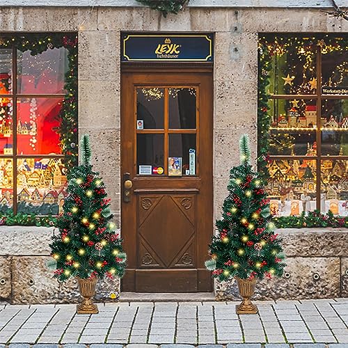 Juegoal 4 FT Christmas Tree, Upgrade Pre-Lit Crestwood Spruce Entrance Tree with 120 LEDs Lights, Pine Cones, Red Berries in Gold Urn Base for Front Door, Porch, Entryway Xmas Home Decorations, 2 Pack