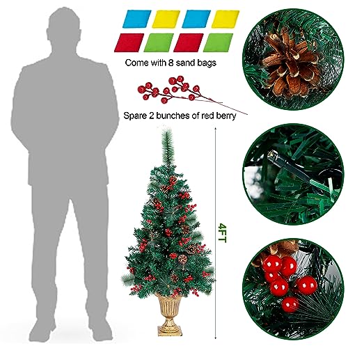 Juegoal 4 FT Christmas Tree, Upgrade Pre-Lit Crestwood Spruce Entrance Tree with 120 LEDs Lights, Pine Cones, Red Berries in Gold Urn Base for Front Door, Porch, Entryway Xmas Home Decorations, 2 Pack