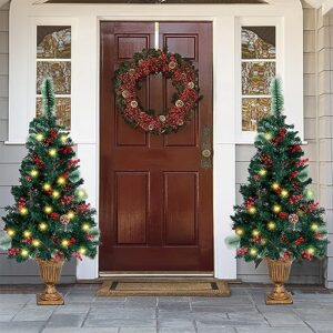 Juegoal 4 FT Christmas Tree, Upgrade Pre-Lit Crestwood Spruce Entrance Tree with 120 LEDs Lights, Pine Cones, Red Berries in Gold Urn Base for Front Door, Porch, Entryway Xmas Home Decorations, 2 Pack