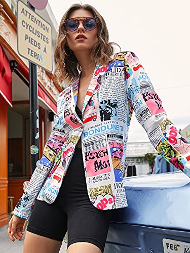 WDIRARA Women's Newspaper Pop Art Print Button Front Long Sleeve Casual Blazer Jacket Multicolored L