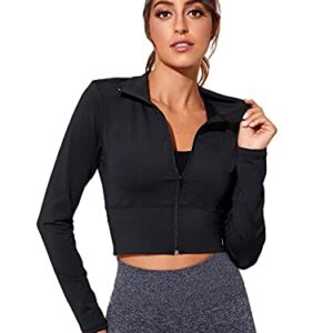 SOLY HUX Women's Lightweight Full Zip Athletic Long Sleeve Crop Running Workout Yoga Sportwear Jacket Black S