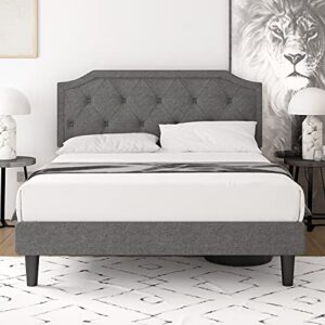 einfach full size bed frame, upholstered platform bed with sturdy wood slat support, no box spring needed, easy assembly, light grey