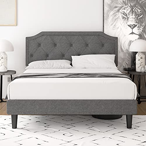 Einfach Full Size Bed Frame, Upholstered Platform Bed with Sturdy Wood Slat Support, No Box Spring Needed, Easy Assembly, Light Grey