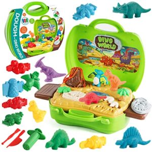 vconejo 2 in 1 dinosaur color dough toys, 37 pieces dino theme color dough tools and molds accessories with volcano and fossils for boys and girls