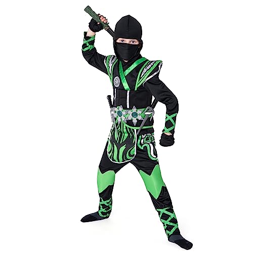 Spooktacular Creations Kids Green Ninja Costume, Child Boy Ninja Warrior Costume for Kids Toddler Ninja Themed Parties, Halloween Costume Dress Up (Small (5-7yr))