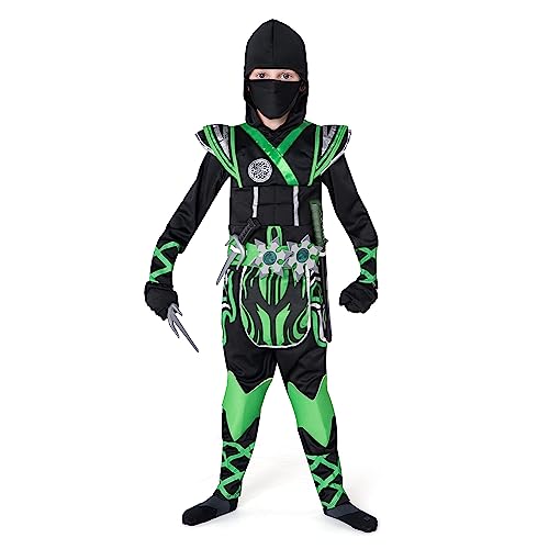 Spooktacular Creations Kids Green Ninja Costume, Child Boy Ninja Warrior Costume for Kids Toddler Ninja Themed Parties, Halloween Costume Dress Up (Small (5-7yr))