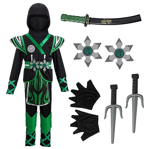 Spooktacular Creations Kids Green Ninja Costume, Child Boy Ninja Warrior Costume for Kids Toddler Ninja Themed Parties, Halloween Costume Dress Up (Small (5-7yr))