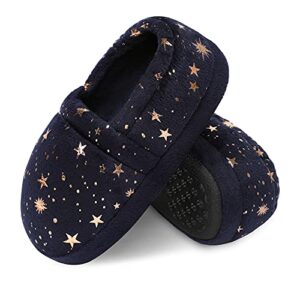 bigwow kids slippers for girls boys toddler elastic heel girls house shoes cozy memory foam slippers boys indoor outdoor navy blue size 11-12