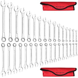 rochoof combination wrench set,33-piece chrome vanadium steel wrench set 12-point sae & metric wrenches 1/4"-1" and 6-22mm with rolling pouch