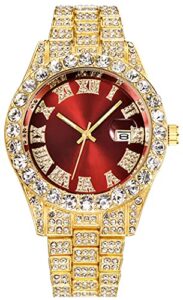senrud men's diamond watch fashion hip hop crystal rhinestone roman numerals quartz analog watch full bling iced-out bracelet wrist watch (gold red)
