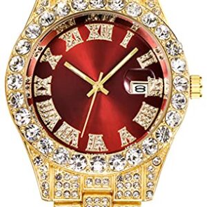 SENRUD Men's Diamond Watch Fashion Hip Hop Crystal Rhinestone Roman Numerals Quartz Analog Watch Full Bling Iced-Out Bracelet Wrist Watch (Gold red)