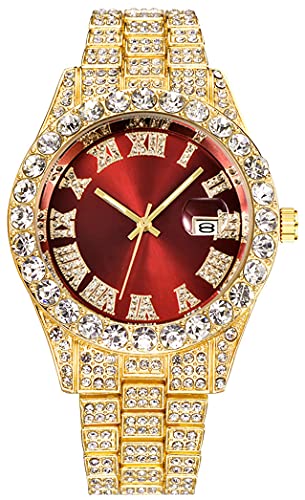 SENRUD Men's Diamond Watch Fashion Hip Hop Crystal Rhinestone Roman Numerals Quartz Analog Watch Full Bling Iced-Out Bracelet Wrist Watch (Gold red)