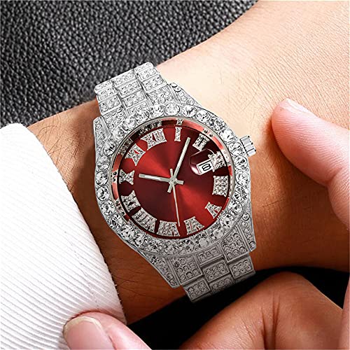 SENRUD Men's Diamond Watch Fashion Hip Hop Crystal Rhinestone Roman Numerals Quartz Analog Watch Full Bling Iced-Out Bracelet Wrist Watch (Gold red)