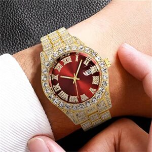SENRUD Men's Diamond Watch Fashion Hip Hop Crystal Rhinestone Roman Numerals Quartz Analog Watch Full Bling Iced-Out Bracelet Wrist Watch (Gold red)