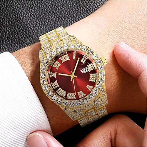 SENRUD Men's Diamond Watch Fashion Hip Hop Crystal Rhinestone Roman Numerals Quartz Analog Watch Full Bling Iced-Out Bracelet Wrist Watch (Gold red)