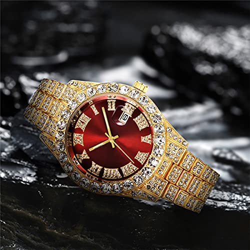 SENRUD Men's Diamond Watch Fashion Hip Hop Crystal Rhinestone Roman Numerals Quartz Analog Watch Full Bling Iced-Out Bracelet Wrist Watch (Gold red)