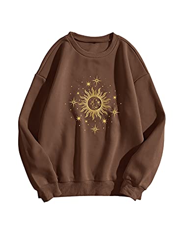 SweatyRocks Women's Casual Long Sleeve Sweatshirt Round Neck Pullover Tops Coffee Brown M