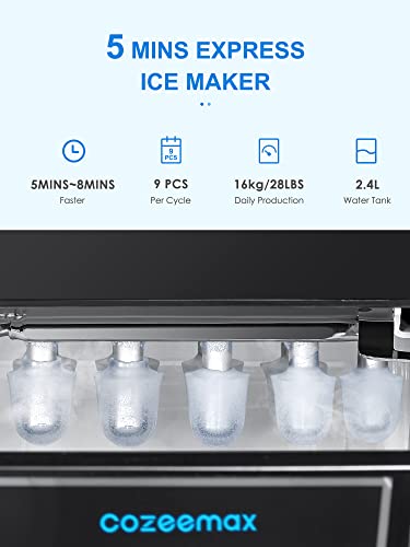 Ice Maker Machine Countertop, Portable Compact , 28lb 3 Cube Sizes in 24 Hours, 9 Ice Cubes in 5 Minutes, Programmable Timer Setting, with Ice Scoop and Basket for Home