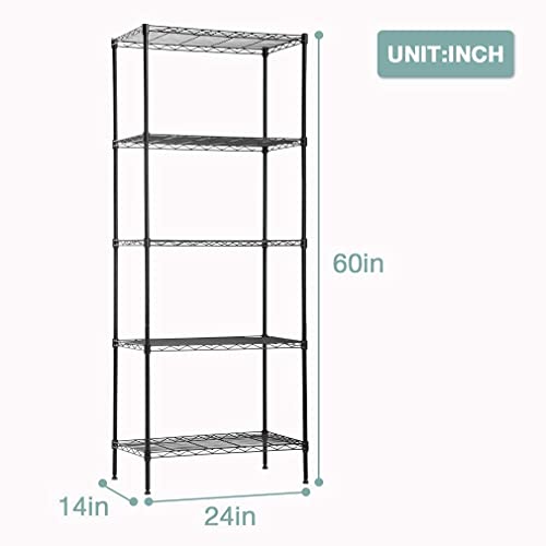 FDW 14Dx24Wx60H Wire Rack 5 Shelf Storage Unit Wire Shelving Unit Metal Shelf Organizer Heavy Duty Certification Commercial Grade Rack Utility for Bathroom Office Kitchen (Black)