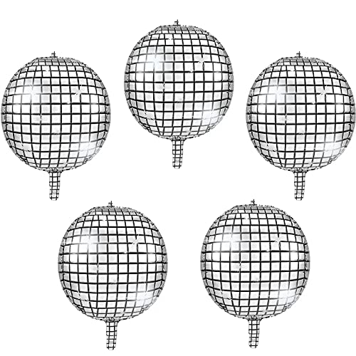 5 Pieces 22 Inches 4D Disco Ball Balloons Large Laser Foil Balloon Metallic Mirror Balloon for Disco Dance Party Birthday Party Wedding Ceremony (Basic Style)