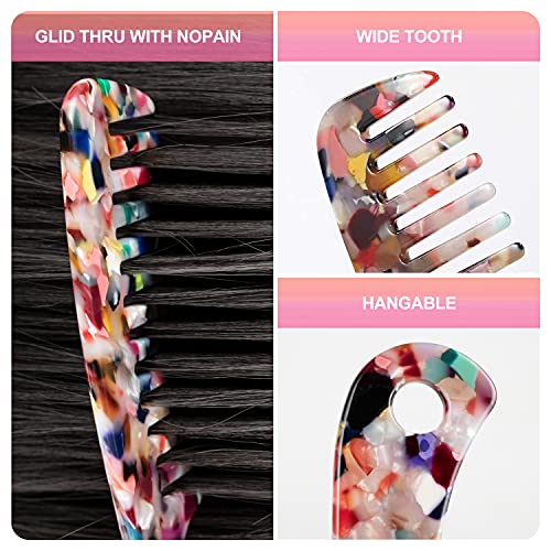 Large Wide Tooth Hair Comb, LADYAMZ [Tortoise Shell] Cellulose Acetate Round Tooth Comb for Straight/Curly Hair,Short/Long Hair Women Men or Kids, Easy Detangling Wet or Dry, Anti-static (Multi-colored)