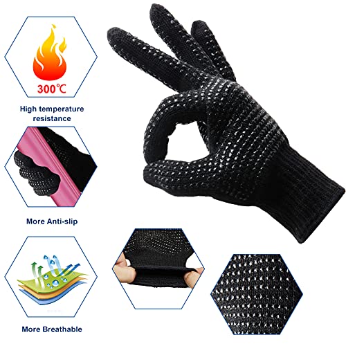Heat Gloves for Hair Styling,2 Pcs Heat Resistant Gloves with Silicone Bumps,Professional Heat Proof Glove Mitts Heat Blocking for Curling Iron Wand Flat Iron,Hair Styling Tools,Universal Size(Black)