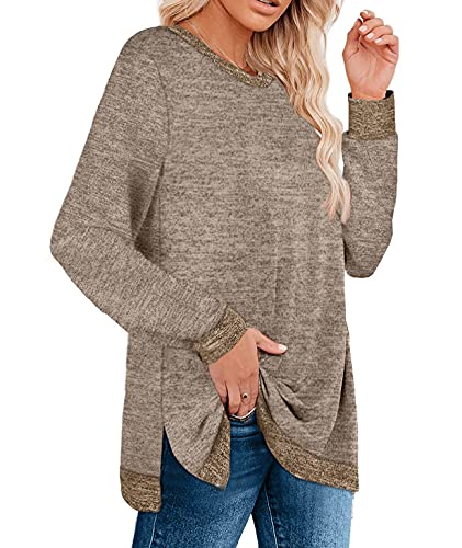 WEESO Crew Neck Sweatshirts Hoodies for Women Tunic Tops for Leggings Coffee Large