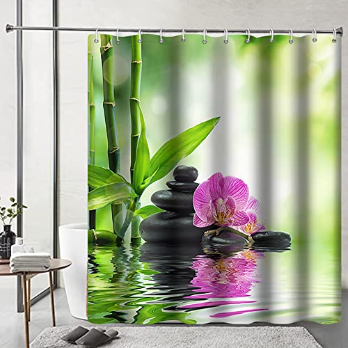 Yeele Meditation Shower Curtain, Purple Flower on Black Basalt Zen Stones Spa Bamboo Reflection in Water Waterproof Polyester Spa Bath Curtain for Bathroom Decor 59.1x70.9inches