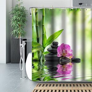 Yeele Meditation Shower Curtain, Purple Flower on Black Basalt Zen Stones Spa Bamboo Reflection in Water Waterproof Polyester Spa Bath Curtain for Bathroom Decor 59.1x70.9inches