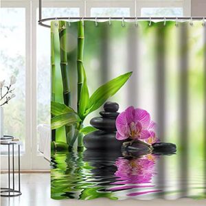 Yeele Meditation Shower Curtain, Purple Flower on Black Basalt Zen Stones Spa Bamboo Reflection in Water Waterproof Polyester Spa Bath Curtain for Bathroom Decor 59.1x70.9inches