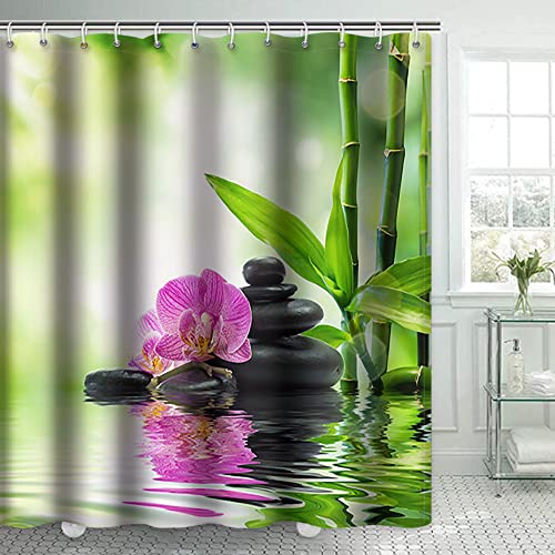 Yeele Meditation Shower Curtain, Purple Flower on Black Basalt Zen Stones Spa Bamboo Reflection in Water Waterproof Polyester Spa Bath Curtain for Bathroom Decor 59.1x70.9inches