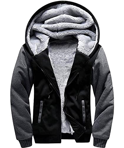 SCODI Hoodies for Men Winter Fleece Sweatshirt - Full Zip Up Thick Sherpa Lined 1712-BlackGrey-L