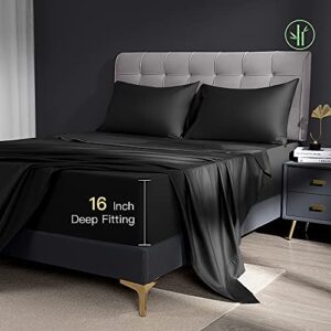 Shilucheng Cooling Breathable Bamboo_ Bed Sheets Set - King Size,1800 Thread Count Super Silky Soft with 16 Inch Deep Pocket, Machine Washable, 4 Piece (King,Black)