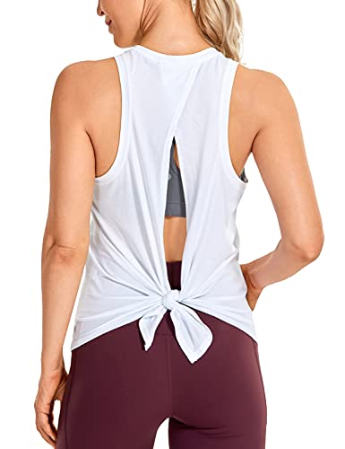 CRZ YOGA Women's Pima Cotton Workout Tank Tops Tie Back High Neck Athletic Shirts Loose Fit White Small