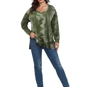 LARACE Tie Dye Sweatshirts for Women Plus Size Tops V Neck Side Split Shirt Casual Long Sleeve Pullover Tee(E-Olive 2X)